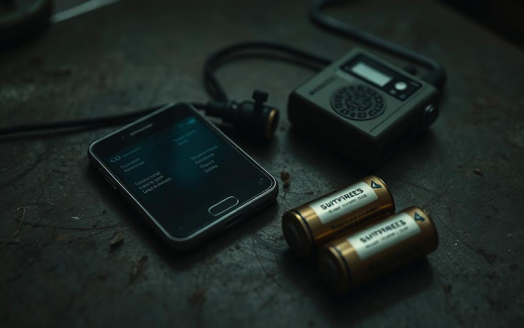 Telefon, radio i baterie na porysowanej metalowej powierzchni